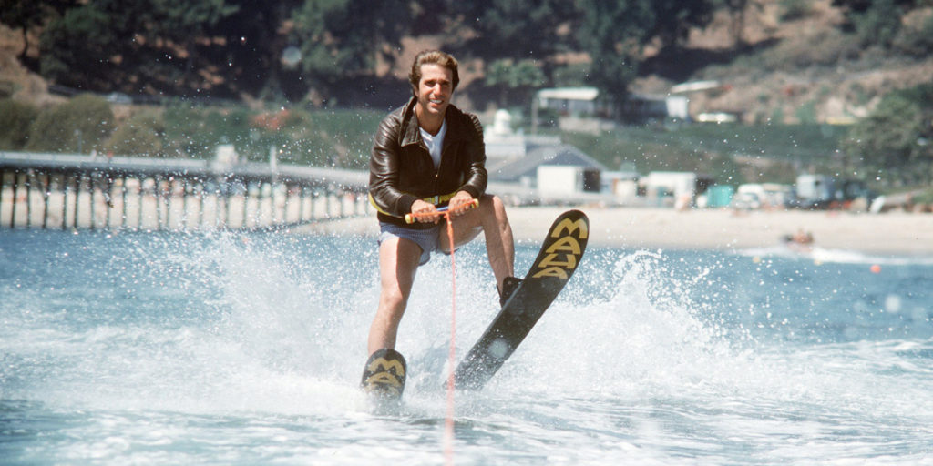 UNITED STATES - SEPTEMBER 20: HAPPY DAYS - "Fonzie Goes to Hollywood, Part III" - Season Five - 9/20/77, Fonzie (Henry Winkler) accepted a challenge to jump over a shark tank while water skiing., (Photo by ABC Photo Archives/ABC via Getty Images)